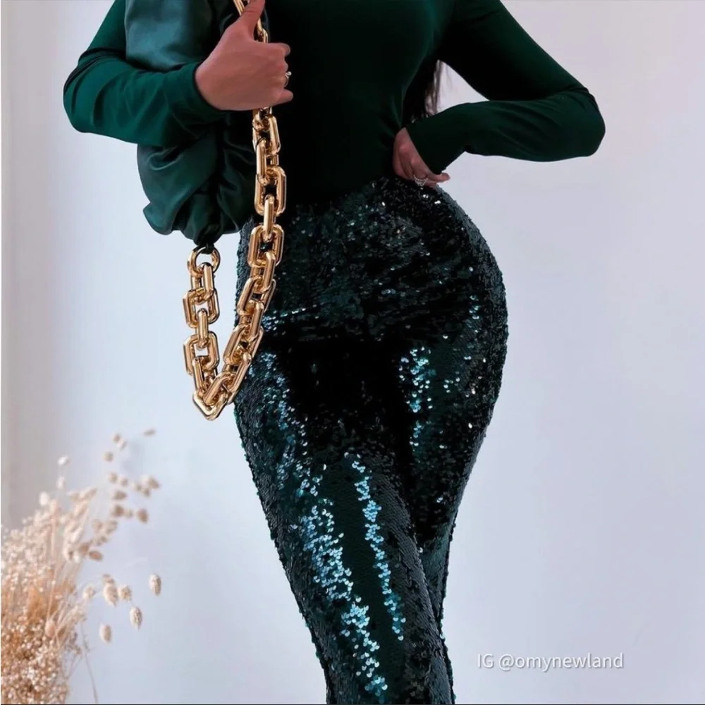 ZARA NWT BLOGGER FAVE Emerald Green Sequin Flare Leg Pants Holiday Party Pants - Picture 10 of 17